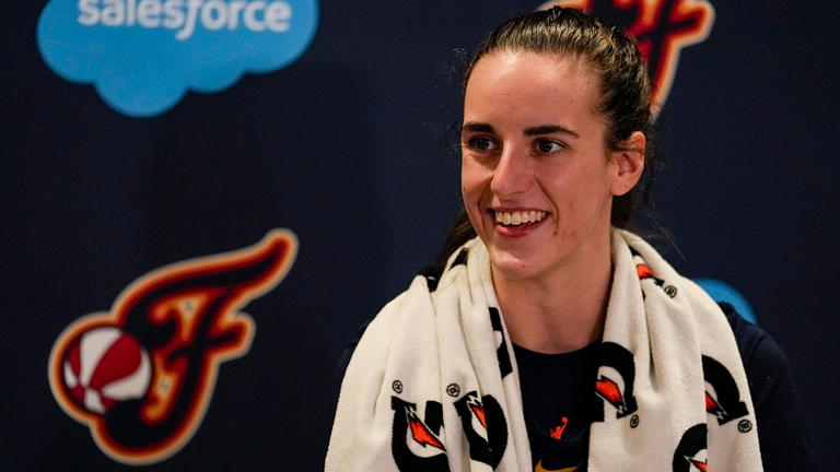 Indiana Fever guard Caitlin Clark speaks with the media after the WNBA basketball team practiced in Indianapolis, Sunday, April 28, 2024. AP Newsroom