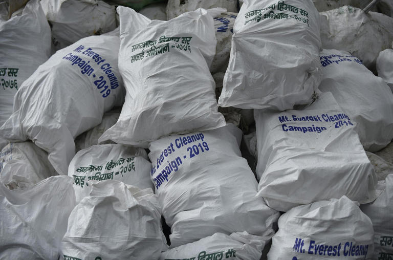 Trash collected in a 2019 cleanup that removed 24,000 pounds (10,000 kilograms) of garbage from Mount Everest.