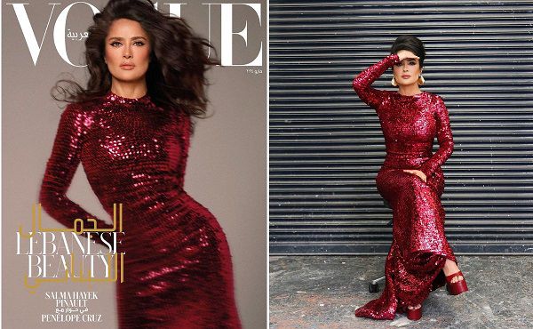 salma hayek posa con impactante vestido rojo en portada de revista