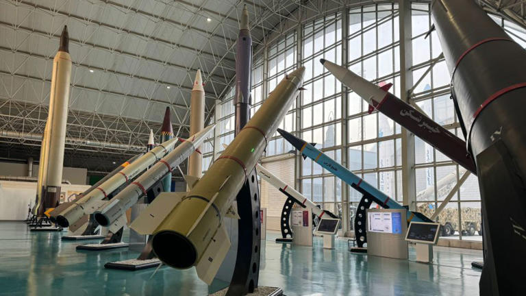 Various Iranian ballistic missiles in the main hall of an Iranian Revolutionary Guards exhibit in Tehran, Iran on May 1, 2024. - Fred Pleitgen/CNN