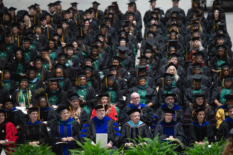 Belhaven University graduates over 350 during its spring commencement ceremony at the Mississippi Coliseum in Jackson, Miss., Saturday, April 27, 2024.