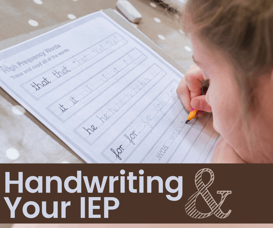 <p>This a reminder that IEPs are needs-based and needs-driven, not diagnosis-driven. </p> <p>Schools are required to evaluate all areas of suspected disability. Handwriting issues can be much more than fine <a href="https://adayinourshoes.com/locomotion-skills-and-motor-planning/" rel="noopener">motor planning</a> issues. It could be <a href="https://adayinourshoes.com/dysgraphia/" rel="noopener">dysgraphia</a>, <a href="https://adayinourshoes.com/dyslexia-and-reading-disabilities-symptoms-definition-iep-goals-and-interventions/">dyslexia</a>, vision issues, or something else entirely.</p> <p>If your child struggles with handwriting, ask for a comprehensive <a href="https://adayinourshoes.com/iee-independent-education-evaluation/" rel="noopener">educational evaluation</a>. </p> <p>Not just an OT evaluation for handwriting. If a child’s handwriting skills are visibly deficient, they might struggle in other fine motor areas, such as using scissors or buttons.</p> <p>When a child lacks a skill, you teach the skill and accommodate for their lack of the skill.</p>