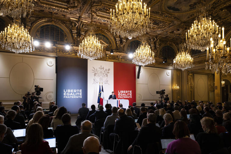 Conférence de presse d'Emmanuel Macron à l'Elysée le 16 janvier 2024.