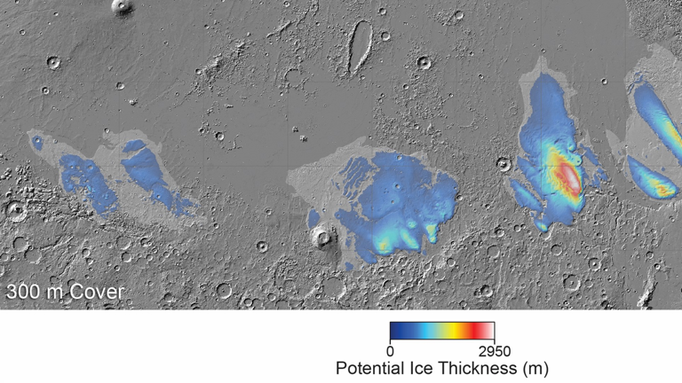 Kaart van de Medusae Fossae Formatie op Mars. Hoe warmer de kleur, hoe dikker de mogelijke ijslaag.