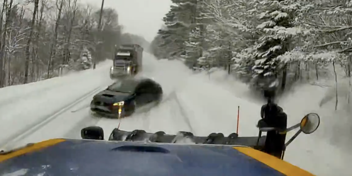this video of a subaru wrx sliding into a plow is a terrifying reminder to be careful in the snow