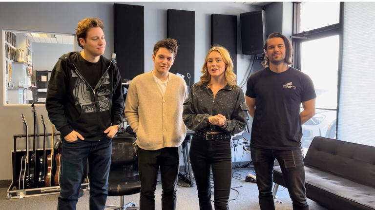 First to Eleven band members, from left, Trevor Vogt, Sam Gilman, Audra Miller and Ryan Krysiak prepare for their "Where Do We Go Now?" tour.