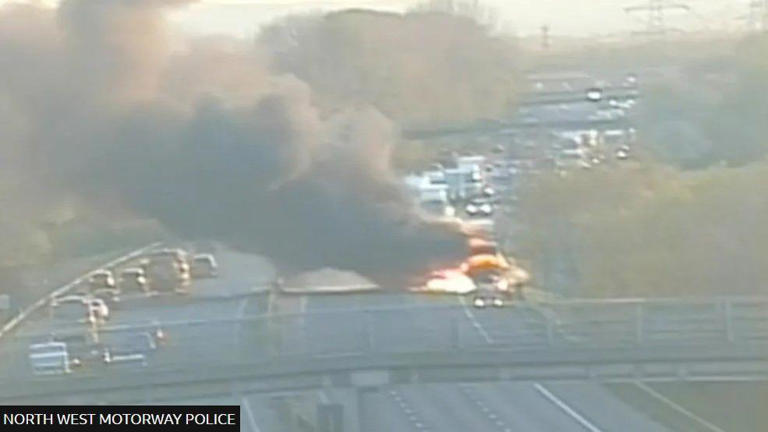 One lane of the M56 eastbound remains closed following the large lorry fire