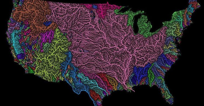 <p>An explanation for watersheds from a commenter: “<em>For those that don’t know, a watershed is a geologic area from which all water drains to the ocean. The pink area is the Mississippi River basin which includes the Missouri, Ohio, Platte, Allegheny, Red, and Arkansas rivers (among many, many others)</em>.”</p>