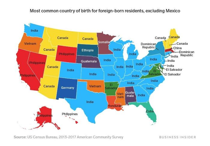 <p>Another quick disclaimer: this map only shows the countries that are not Mexico because as many as 32 out of the 50 states would then be showing Mexico. As you can see, Indians make up a large portion of the population.</p>