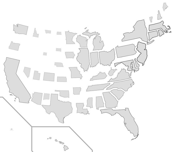 <p>Here, the size of the states has been scaled according to their relative population density in the United States. As you can see, Alaska (one of the largest states) is now one of the tiniest states.</p>