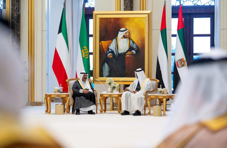  President of the United Arab Emirates Sheikh Mohamed bin Zayed Al Nahyan meets with Emir of Kuwait Sheikh Meshal Al Ahmad Al Jaber Al Sabah, during a state visit reception, at Qasr Al Watan, in Abu Dhabi, United Arab Emirates March 5, 2024.