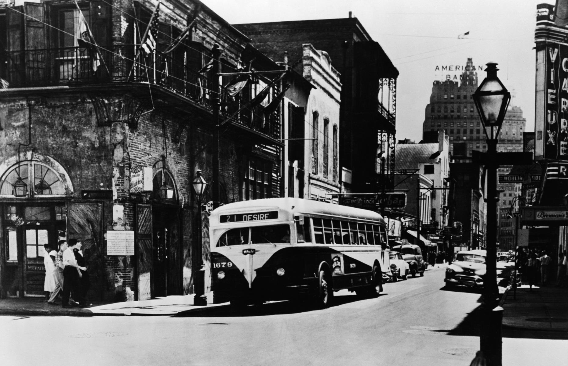 <p>One of America’s oldest and most famous social spots, plans were laid for Bourbon Street in the heart of New Orleans’ French Quarter in 1721 by engineer Adrien de Pauger, who named it after the ruling French royal family at the time. The landmark Old Absinthe House (pictured on the left) was constructed in around 1806, shown here in 1953 alongside a streetcar named Desire, before the ever-popular street was transformed into the neon-lined hub we know today. </p>