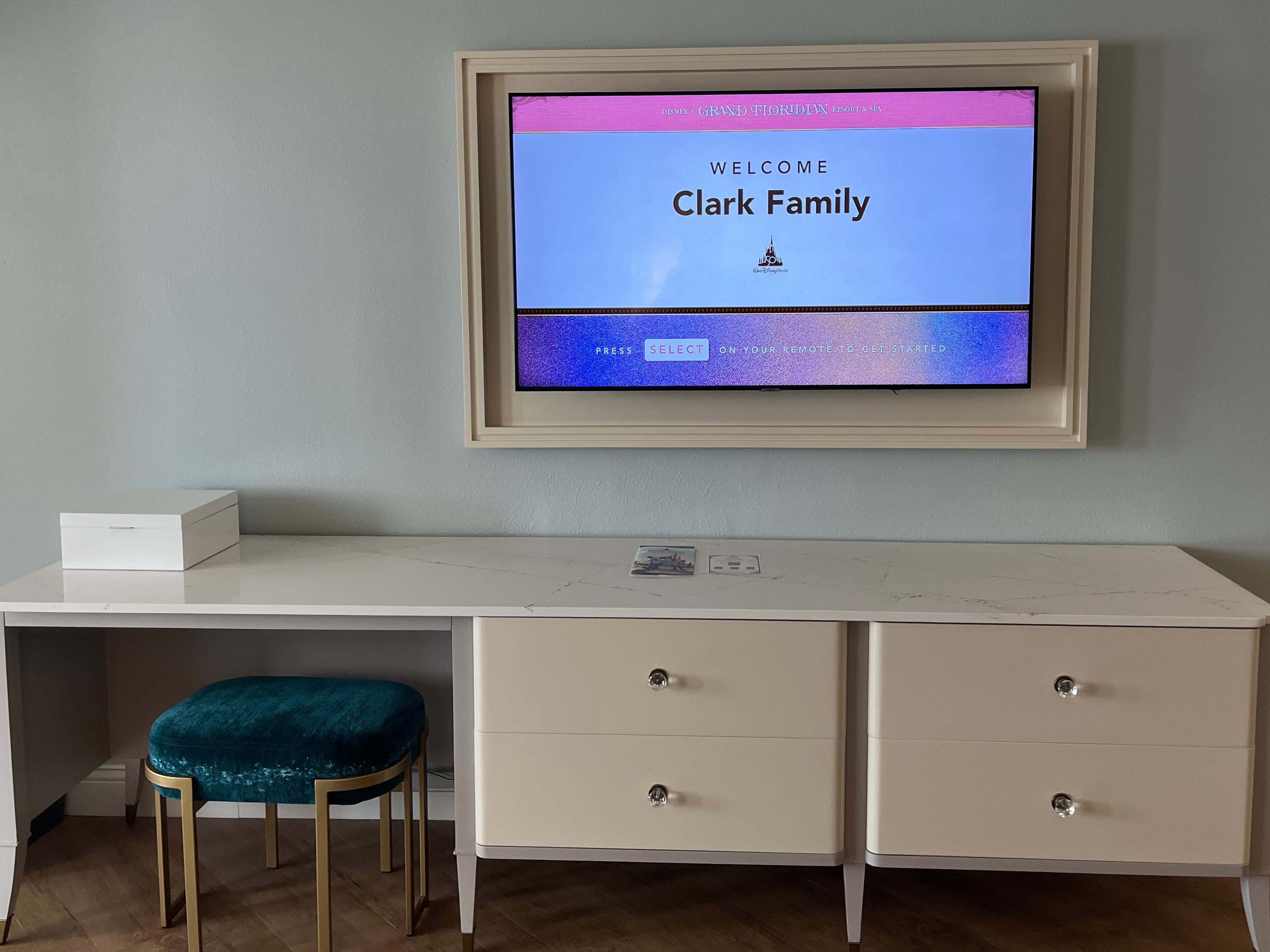 <p>When I walked into the room, I was happy to see my last name written on the television screen.</p><p>It was a nice personal touch and made the room feel even more homelike.</p>