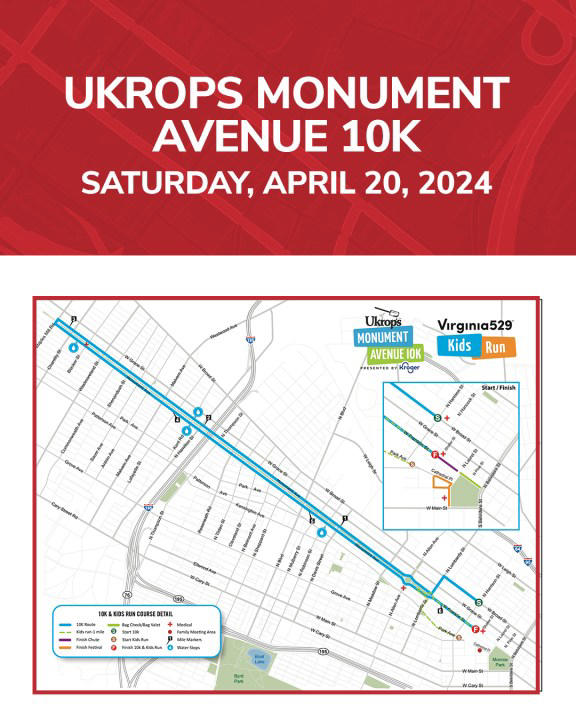 What roads will be closed for the 2024 Ukrop’s Monument Avenue 10K in