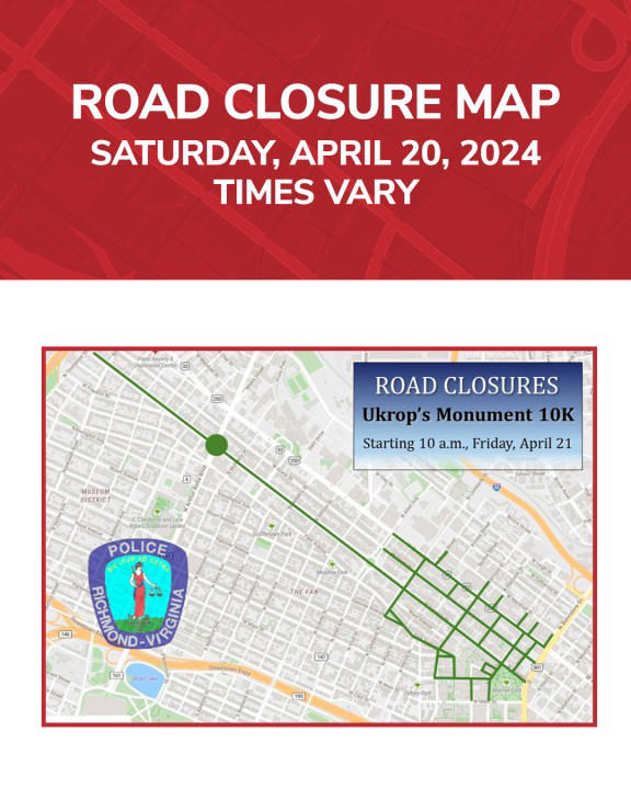 What roads will be closed for the 2024 Ukrop’s Monument Avenue 10K in