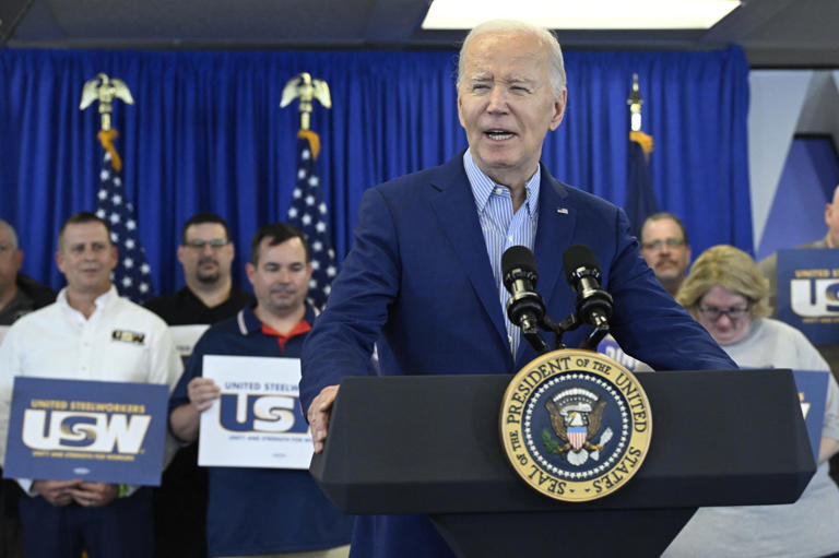 President Joe Biden speaks during an event at the United Steelworkers Headquarters in Pittsburgh, Pennsylvania, on April 17, 2024. Biden is urging a tripling of tariffs on Chinese steel and aluminum, citing "unfair competition" while seeking to win blue-collar votes in November's election.