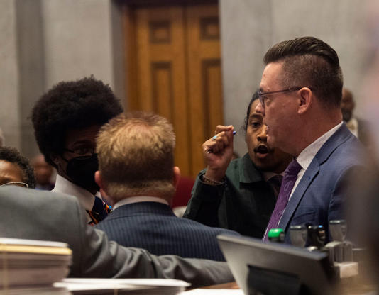 Rep. William Lamberth R- Portland, and Rep. Justin Jones, D- Nashville have a heated exchange on the House floor during a House session at Tennessee Capitol in Nashville , Tenn., Thursday, April 18, 2024. Nicole Hester / The Tennessean / USA TODAY NETWORK