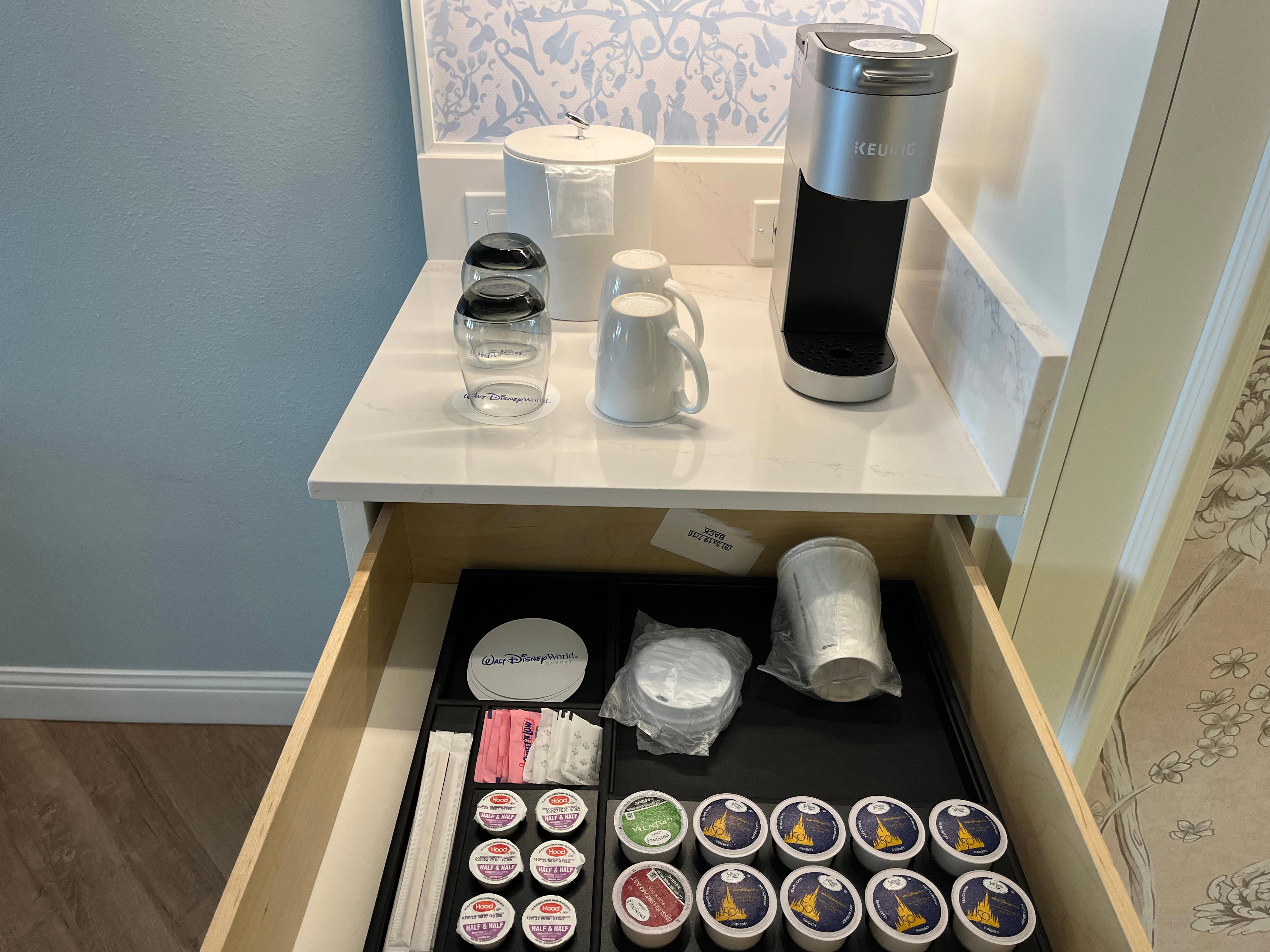 <p>I don't drink coffee, so I didn't take advantage of the in-room coffee bar with a Keurig machine. </p><p>But if I knew about it ahead of time, I would've brought some <a href="https://www.businessinsider.com/the-best-store-bought-hot-cocoa-review">hot-cocoa K-Cups</a>.</p>
