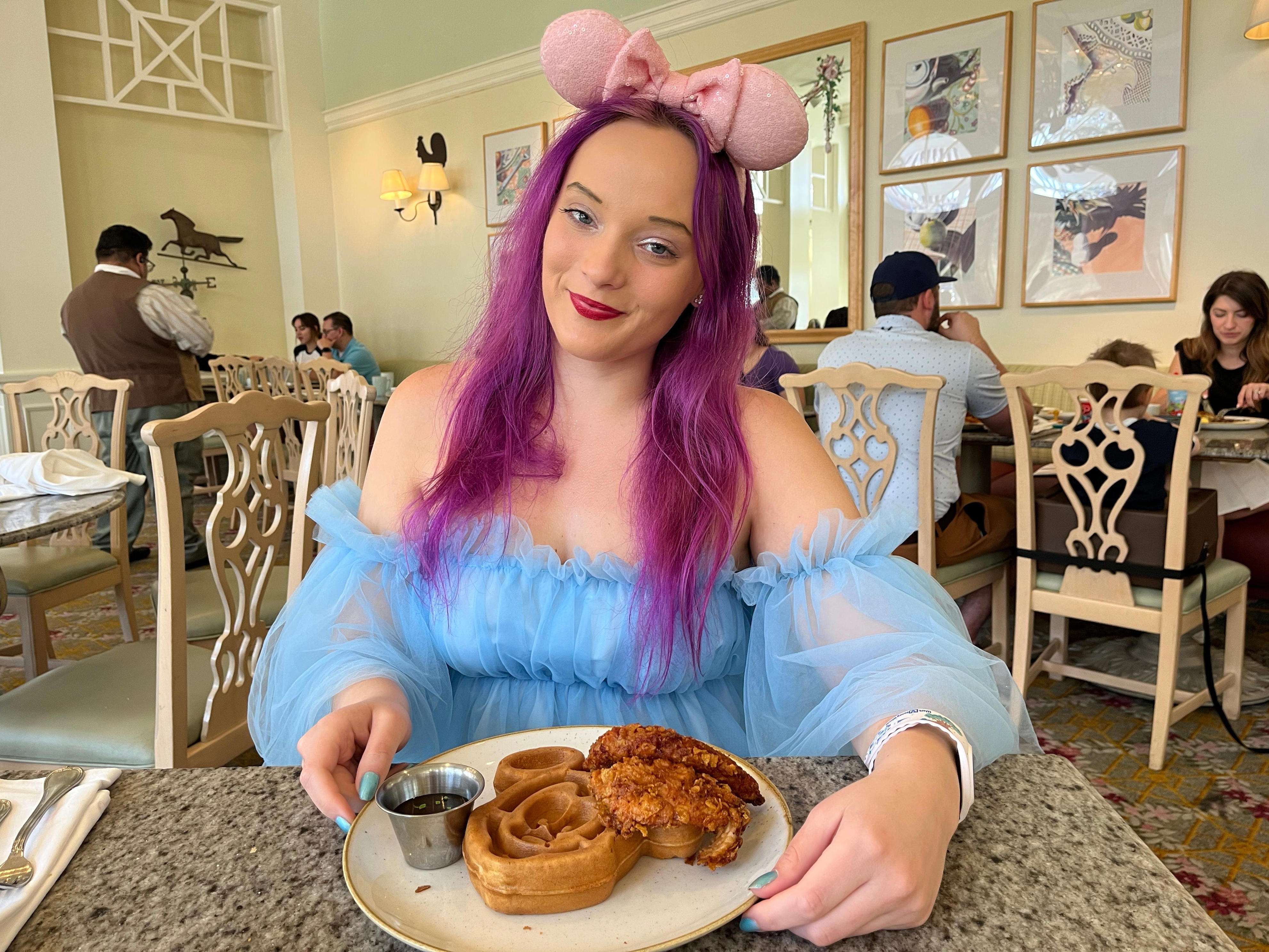 <p>I appreciated that the meal was served with a gigantic Mickey-shaped waffle as opposed to a regular waffle. It added to the magic of dining at Disney. </p><p>I ordered the sriracha on the side because I thought it was going to be spicy. But I ended up not being spicy at all, which I liked. </p>