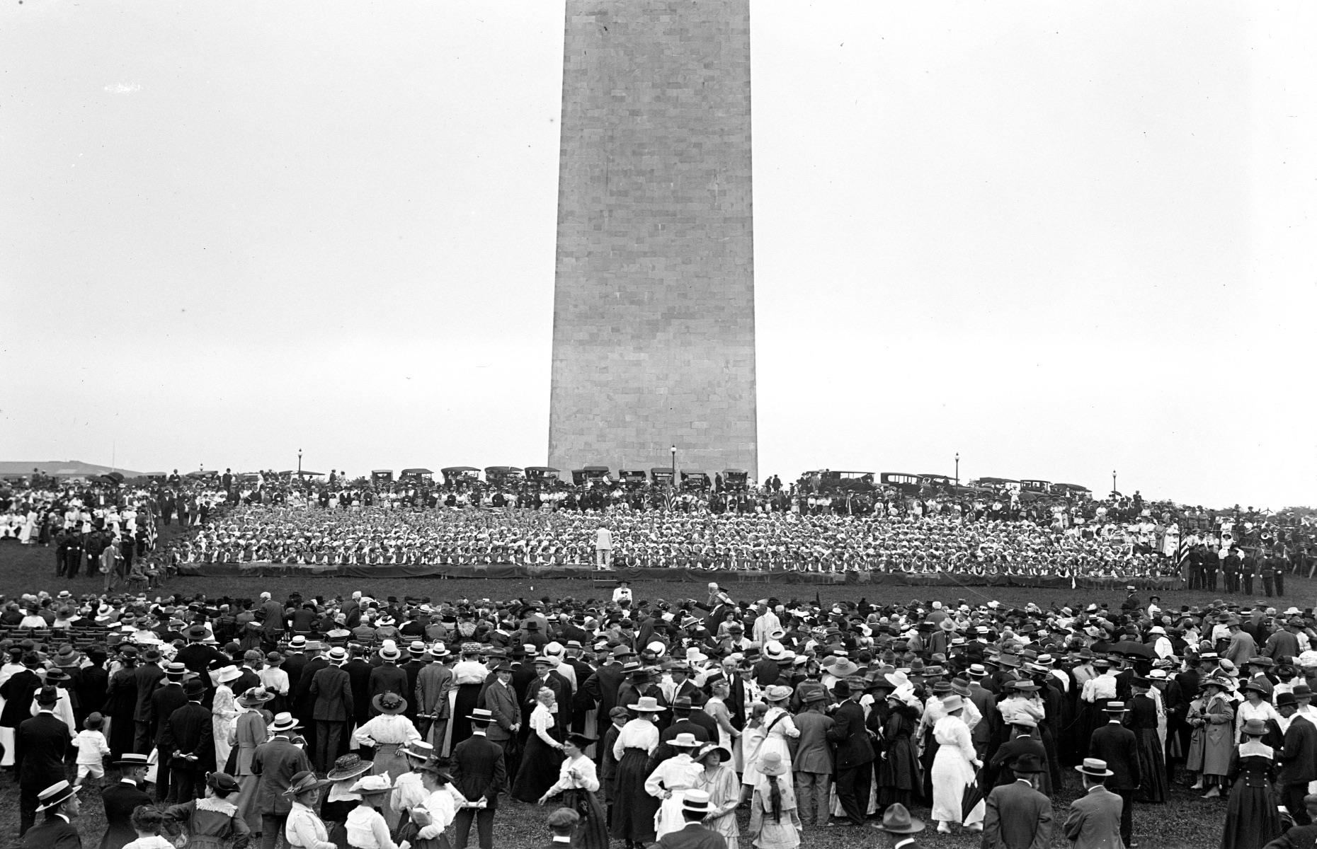 <p>Construction on the Egyptian-style obelisk of Washington Monument began in 1848 – when the first cornerstone was laid in the presence of Abraham Lincoln – and finally completed in 1888. The National Mall’s tallest structure at 555 feet (169m) high, it has been a popular gathering spot for more than a century.</p>  <p>It's pictured here in 1917 at an event to commemorate the American Civil War, when a large crowd formed a human US flag on the ground holding cardboard stars to represent the states.</p>