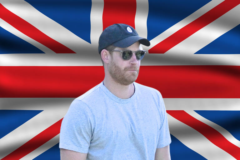 Prince Harry is seen with a Union Jack flag in a composite image. He changed his country of residence from Britain to America in a company filing.