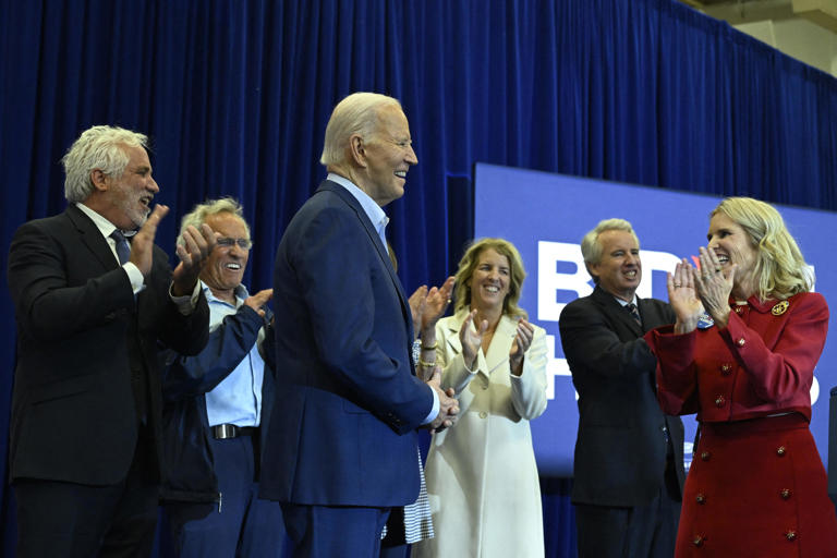 Kerry Kennedy (R) introduces US President Joe Biden (3rd L) during a campaign event where the Kennedy family endorsed his presidential campaign, at Martin Luther King Recreation Center in Philadelphia, Pennsylvania, on April 18, 2024. (Photo by ANDREW CABALLERO-REYNOLDS / AFP) (Photo by ANDREW CABALLERO-REYNOLDS/AFP via Getty Images) ORIG FILE ID: 2147906611