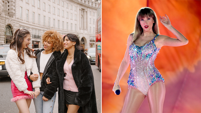 Three Swifties walking in London next to an image of Taylor Swift onstage for the opening night of "The Eras Tour" at State Farm Stadium on March 17, 2023, in Glendale, Arizona. Getty Images