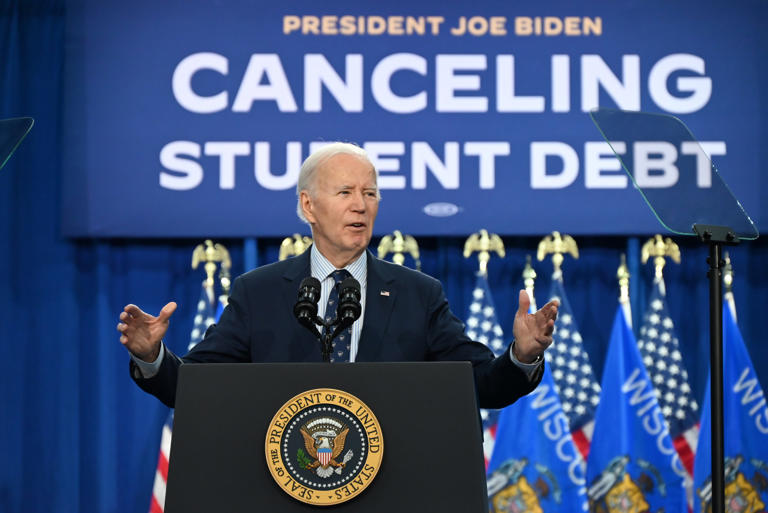 US President of the United States Joe Biden delivers remarks on student debt and lowering costs for Americans at Madison College in Madison, Wisconsin, United States on April 8, 2024. Millions of borrowers could have their debt cancelled after Navient transitions its private loans to MOHELA.