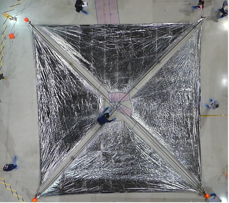 Engineers at NASA’s Langley Research Center test deployment of the Advanced Composite Solar Sail System’s solar sail. 