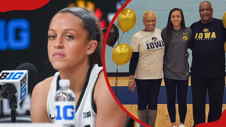 Gabbie Marshall of the Iowa Hawkeyes at a post-game press conference (L) and Gabbie Marshall with her parents Ernest and Marne Marshall. Photo: Aaron J. Thornton, @gabbie.marshall (modified by author) Source: Getty Images