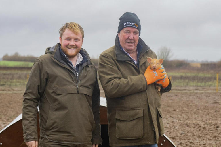 Jeremy Clarkson's agriculture-themed docu-series, "Clarkson's Farm," will kick off its third season on May 3. Photo of Clarkson and co-star Kaleb Cooper