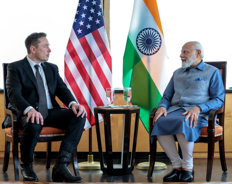 Indian Prime Minister Narendra Modi, right, meets with Elon Musk in New York on June 20, 2023. Getty Images