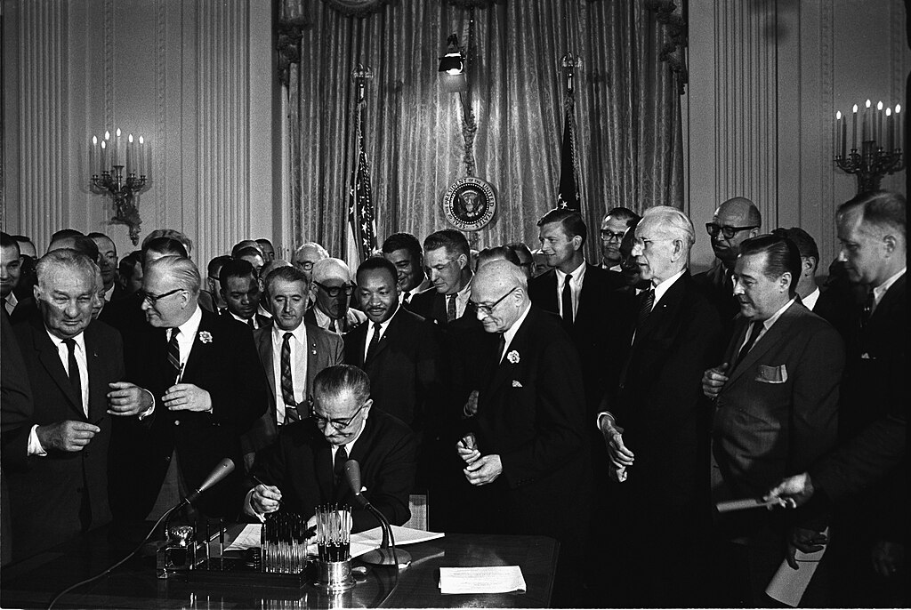 <p>Signed into law by President Lyndon B. Johnson, the Civil Rights Act of 1964 outlawed discrimination based on race, color, religion, sex, or national origin. It ended segregation in public places and banned employment discrimination, marking a significant victory for the Civil Rights Movement.</p>