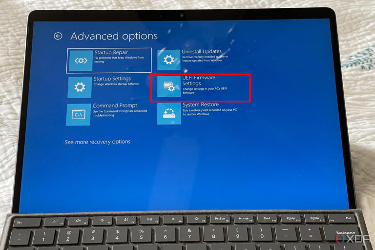 A photo of the Windows 11 Troubleshoot screen showing advanced UEFI options