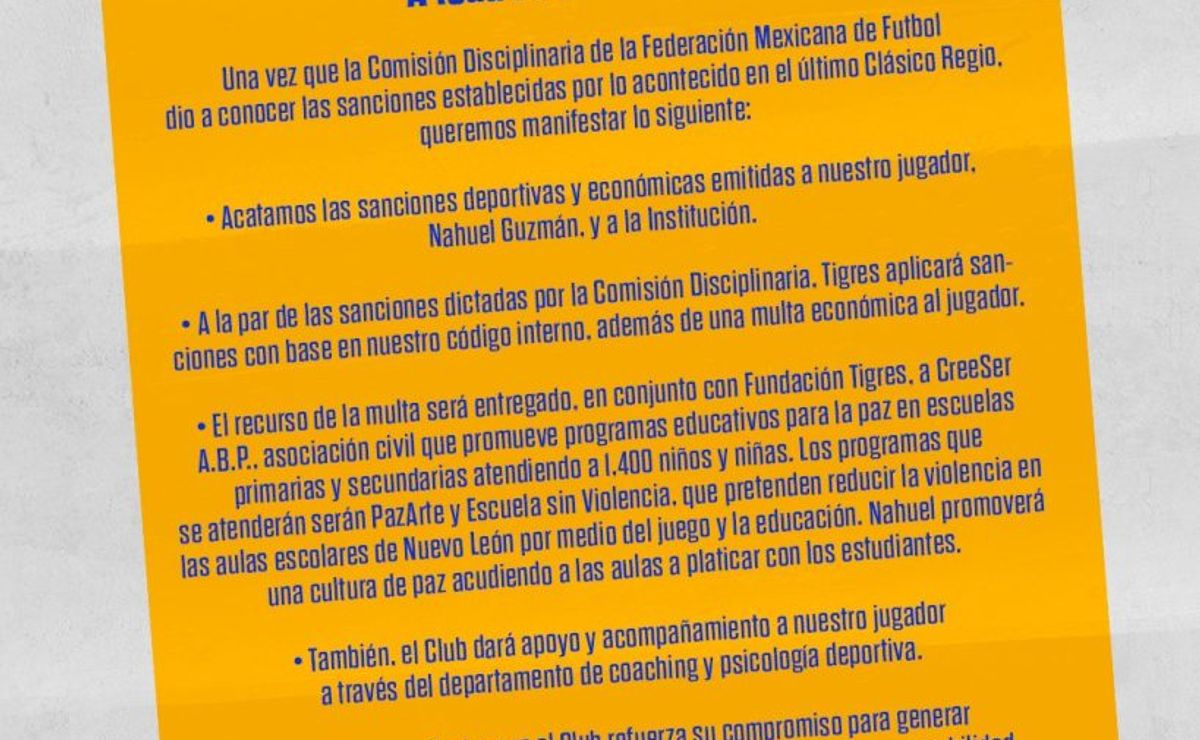 tigres reacciona a la sanción impuesta por la federación mexicana de futbol a nahuel guzmán