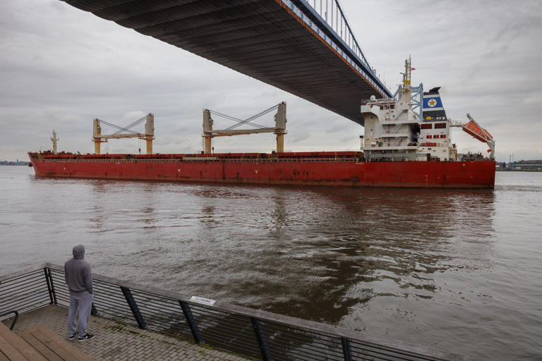 File picture of Emmanuel a bulk carrier sailing under the flag of Malta making its way up the Delaware river on Thursday, March 28, 2024. Picture shows ship going underneath Ben Franklin Bridge.