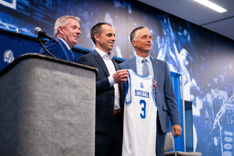 Ben McCollum is introduced as Drake's new men's basketball head coach April 9 at the Knapp Center in Des Moines.
