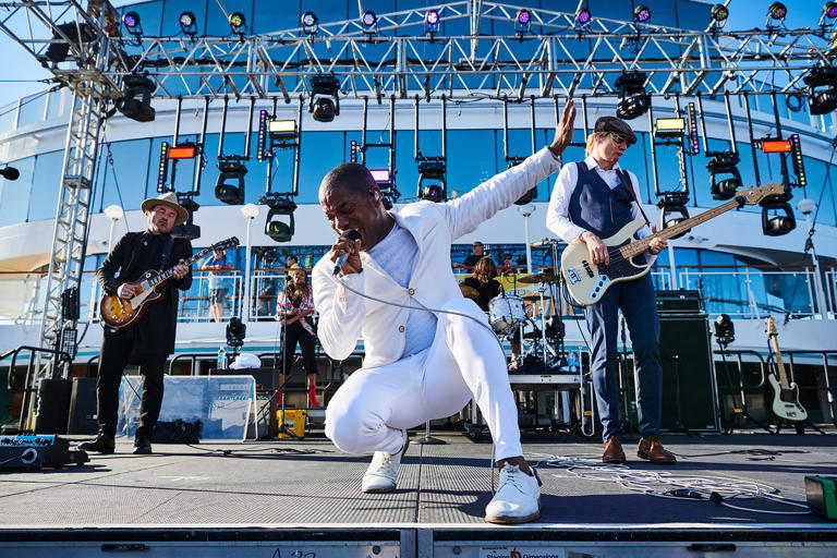 MEDITERRANEAN SEA - AUGUST 18: (L-R) Nalle Colt, Ty Taylor and Rick Barrio Dill of American R&B group Vintage Trouble performing live on stage during the Keeping The Blues Alive At Sea event on board the Norwegian Pearl cruise ship in the Mediterranean, on August 18, 2019.