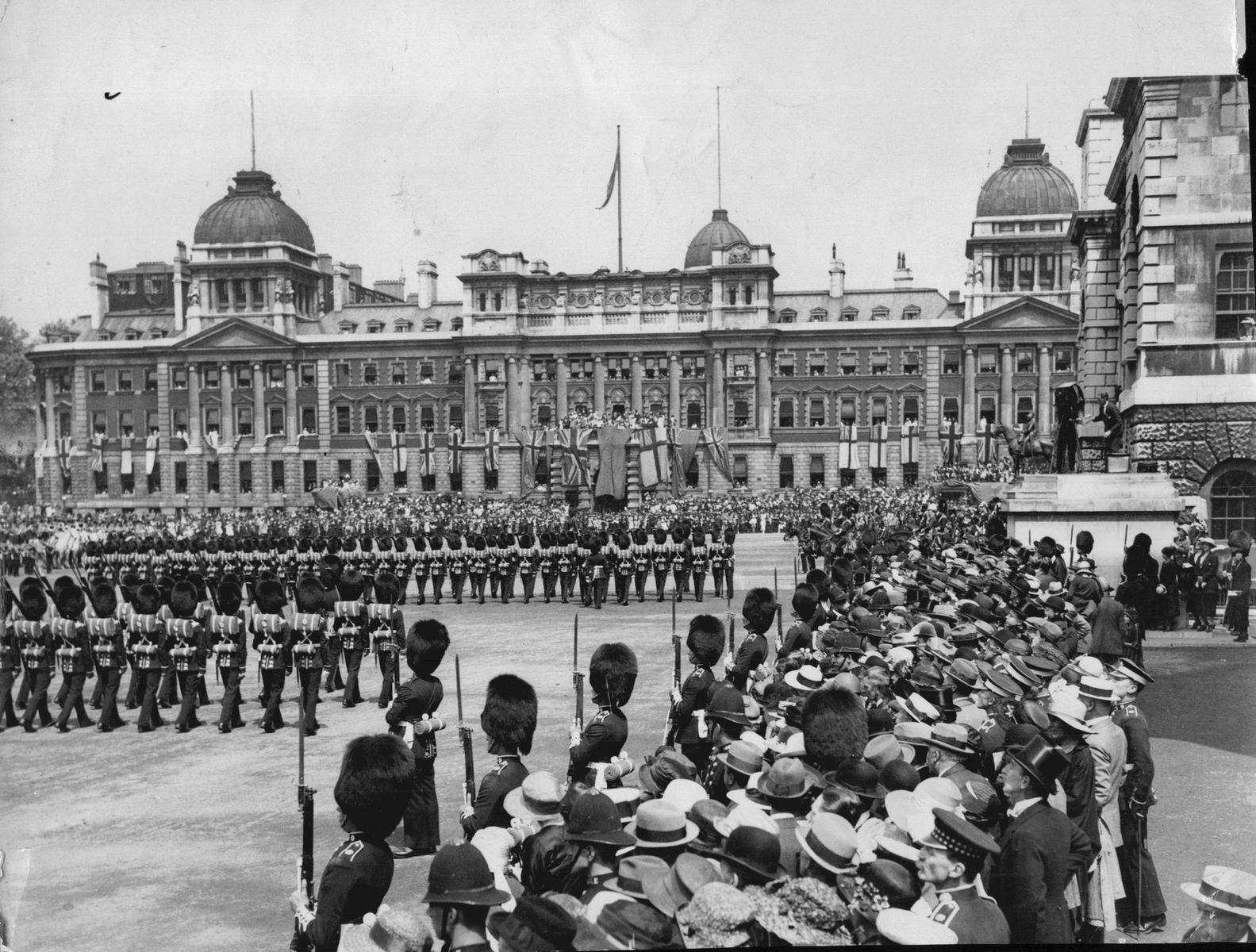 <p>The <a href="https://www.royal.uk/trooping-colour">Trooping of the Colour</a> marks the official birthday celebration of the British Sovereign. In 1922, that was <a href="https://www.biography.com/royalty/george-v">George V</a>, who served as King of the United Kingdom from 1910 to 1936.</p>