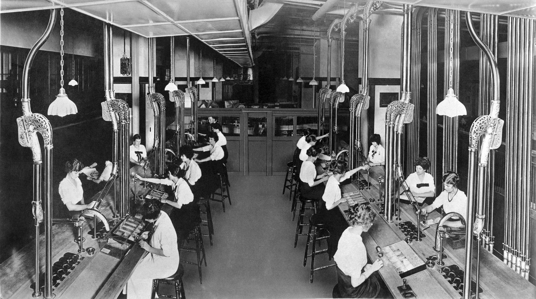 <p>In big department stores, women worked in the basement making change for the cashiers by means of a <a href="https://www.businessinsider.com/pneumatic-tubing-system-used-for-trading-2013-4">pneumatic tubing system</a> that would whisk the change capsules upstairs.</p>