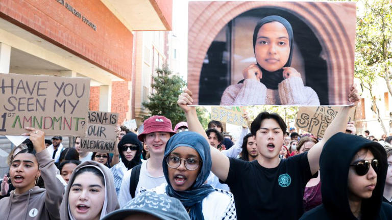USC students participate in a march in support of Asna Tabassum, whose graduation speech has been cancelled by USC. - Wally Skalij/Los Angeles Times/Getty Images