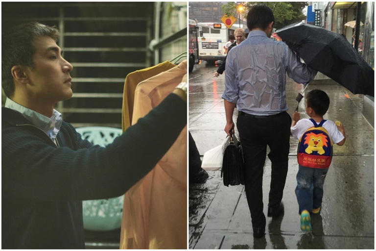 賀軍翔（左圖）灰髮襯衫造型，靈感來自十多年前網路上瘋傳的「雨傘爸爸」照片（右圖）。（公視、MyVideo提供、翻攝自Reddit/Jagershotzz）