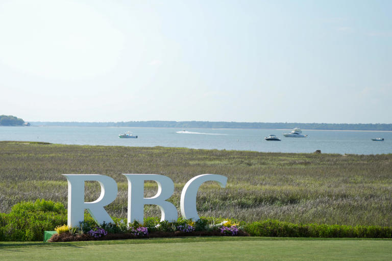 Tournament signage is seen alongside the 18th tee during the first round of the RBC Heritage golf tournament. Mandatory Credit: Aaron Doster-USA TODAY Sports