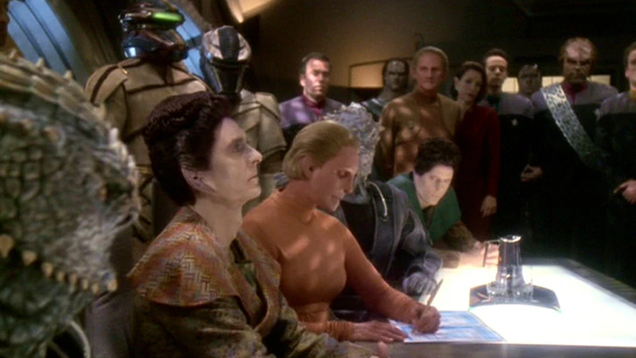 Meanwhile, while most perfunctory borders of space occupied by the Alpha Quadrant powers prior to the Dominion’s invasion in 2373 were restored by the Treaty of Bajor, the quadrant had undergone a significant rebalancing of power that would impact interstellar events for decades to come. The near-total destruction of the Cardassian Union created a power vacuum in its former territories, while the Breen, albeit humbled by the Dominion’s retreat, had established its expansionary goals as well as its significant military threat. The aftermath of both its initial war with Cardassia and then as part of the Alliance diminished the Klingon Empire’s own status as a major power in the quadrant for the next decade, as it looked internally to reconsolidate and rebuild—leaving the Romulan Star Empire and the Federation as the defining players in the Alpha Quadrant. Although the Dominion War had brought with it a sense of uneasy diplomacy that was unprecedented in either faction’s history for centuries, tensions between Romulus and the Federation would renew shortly after—amplified first after the Reman commander Shinzon staged a military coup in 2379, attempting to attack Earth in the process, and then six years later, when a secret sect of the Tal Shiar dedicated to the destruction of synthetic life staged a terrorist attack on the Utopia Planitia shipyards at Mars, largely destroying a Federation taskforce intended to aid with evacuation efforts intended to save the populations of Romulus and Remus before their system’s star went supernova. After the attack the Federation decided to formally halt attempts to help the Romulans and Remans, leading to the near extinction of both sibling species when the Romulan star went supernova in 2387. Although major conflict on the scale of the Dominion War would not return to the Alpha Quadrant for many years to come, its scars lingered for decades, especially as the Federation and Klingon Empires became the de facto remaining powers by the turn of the 25th century. For now, it remains what we know to be the bloodiest conflict in Star Trek’s history—one that challenged the very ideals of its entire utopian dream to their very core.