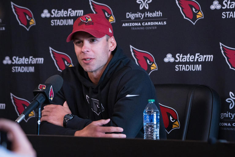 Arizona Cardinals head coach Jonathan Gannon speaks to the media during a news conference at the Arizona Cardinals Dignity Health Training Center on April 15, 2024, in Tempe.