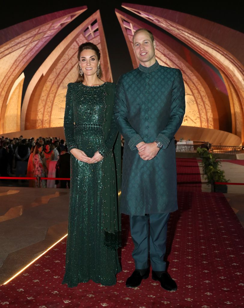 <p>The Prince and Princess' five-day visit to Pakistan in October was described at the time by palace officials as their "most complex" tour to date. At the end of their second day, the couple made a glamorous entrance as they attended a special reception hosted by the British High Commissioner Thomas Drew, at the Pakistan National Monument. Kate glittered in an emerald green sequined gown from Jenny Packham and Onitaa earrings, while William was lauded for wearing a traditional green sherwani by Pakistani designer Naushemian.</p>