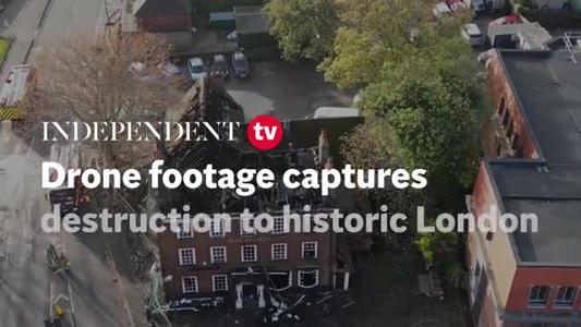 Drone footage shows destruction to historic London pub caused by huge fire<br><br>