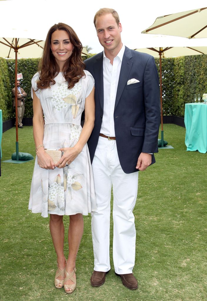<p>Just a few months after their royal wedding, William and Kate carried out their first official tour to Canada and North America. The newlyweds beamed for a snap as they visited Santa Barbara Polo Club, with William putting his arm around his elegant wife, who looked beautiful in a floaty floral Jenny Packham dress and nude LK Bennett heeled sandals.</p>