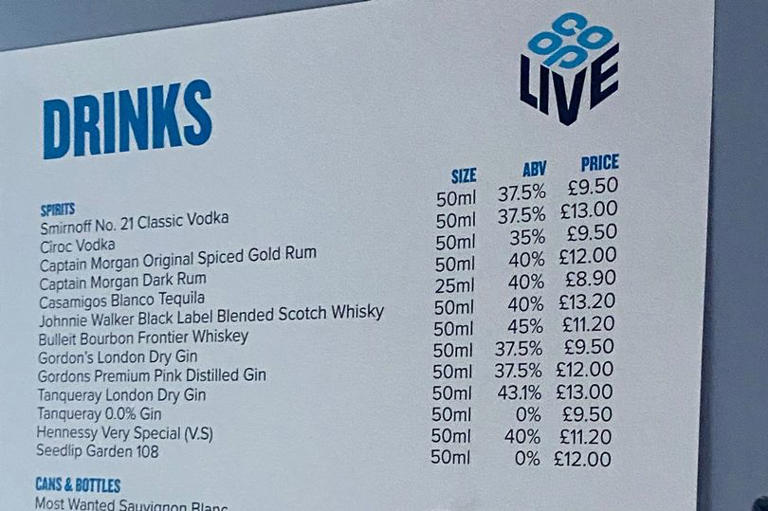 Co-op Live drink and food prices including £8.95 pints and £11.50 burgers