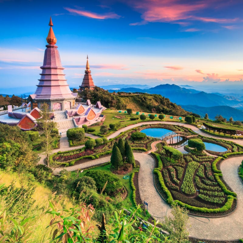 Temple and gardens on a mountain in Chiang Mai, Thailand
